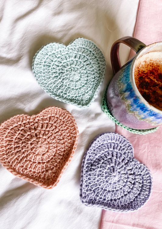 Love heart crochet coaster set - solid colours